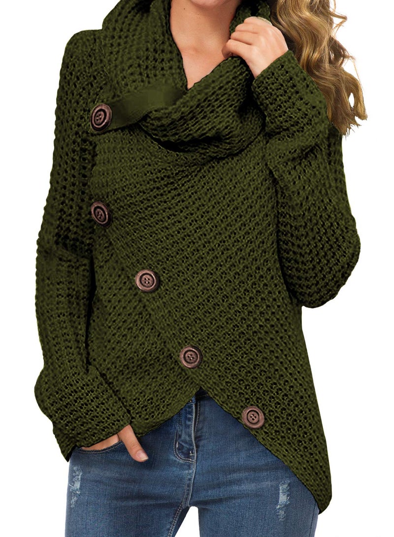 GRECERELLE Women's Fall Chunky Turtleneck Long Sleeve Asymmetric Hem Loose Knit Pullover Sweaters Tops, Army Green, S - Image 1